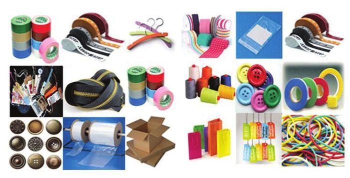 Full range overview of Alpha BD Packaging products: tapes, hangers, buttons, thread, bags and rubber bands
